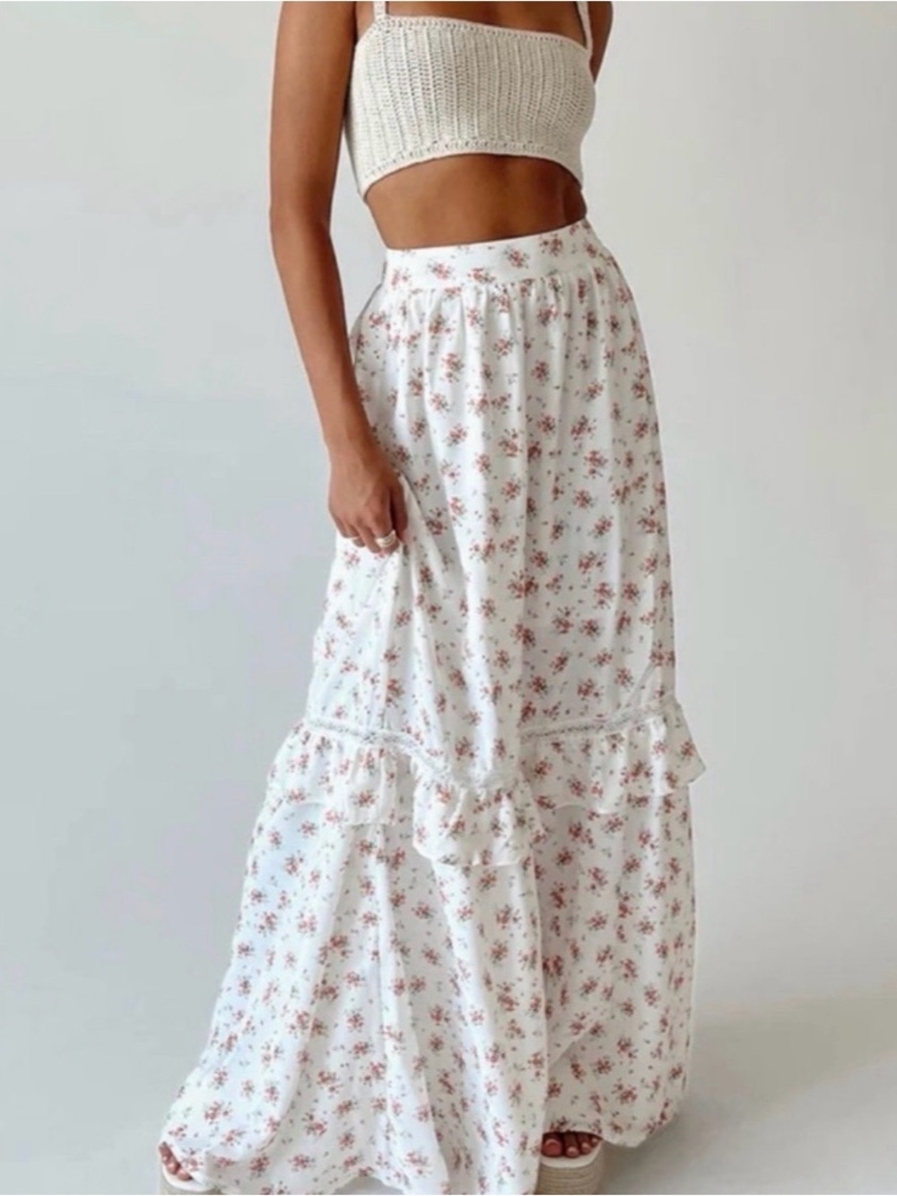 Princess Polly White Floral Tiered Maxi Skirt - Floral Print